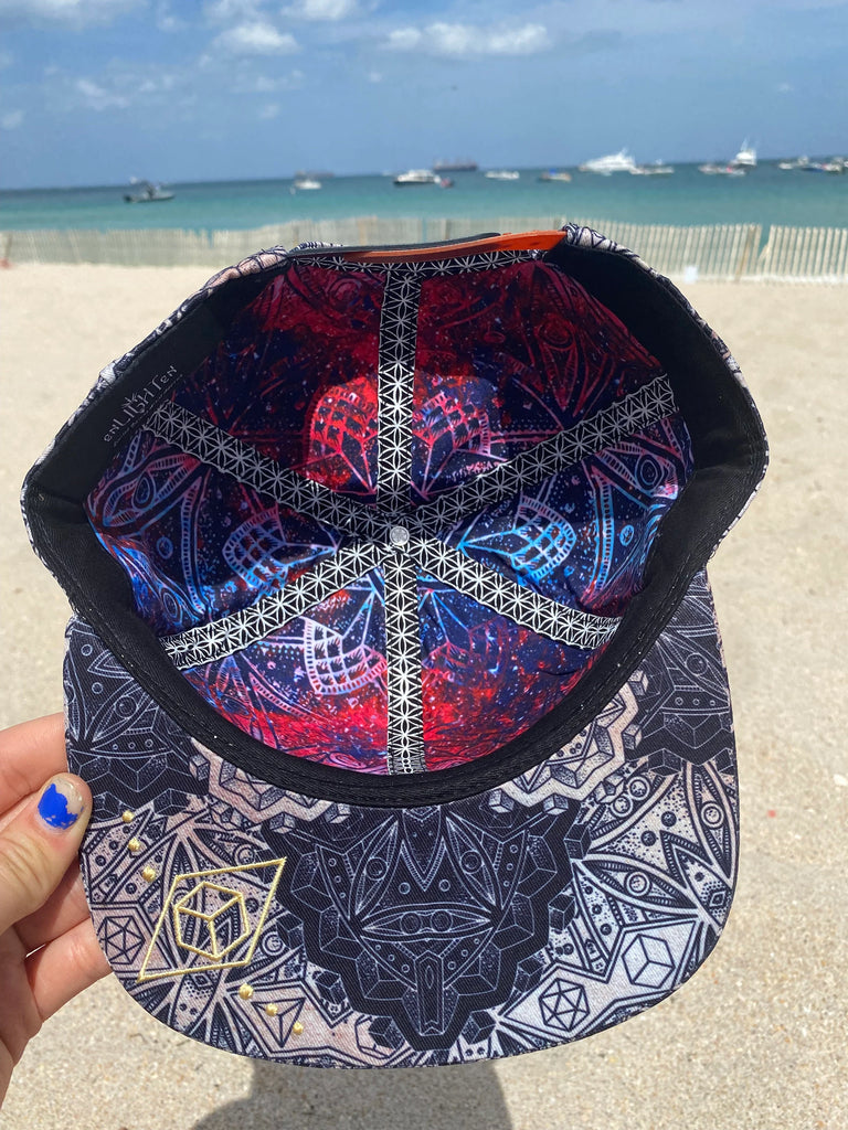 Red and Blue Artistic Hat with Geometric Designs Hand-Painted Abstract Art Hat - Red, White, & Blue – Kaydad main image 4