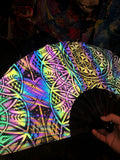 Large Dark Rainbow Reflective Sacred Geometry Hand Fan – Flash Reactive, Flower of Life Design, Festival Fashion, Rave Accessories