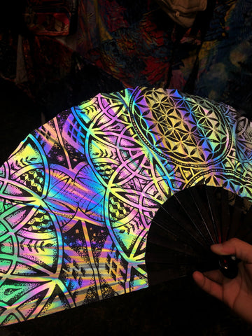 Large Dark Rainbow Reflective Sacred Geometry Hand Fan, Flash Reactive, Flower Of Life Rave Fan, Festival Fashion, Rave Accessories