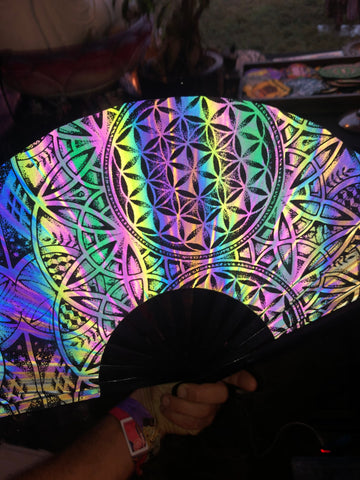 Large Dark Rainbow Reflective Sacred Geometry Hand Fan – Flash Reactive, Flower of Life Design, Festival Fashion, Rave Accessories