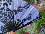 Black and White Metatron's Cube Hand Fan | Festival Accessories | Sacred Geometry | Enlighten Clothing Co.