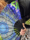 Cubular Sacred Geometry Giant Hand Fan – UV Reactive, Festival Accessory, Hand-Painted Design by Glenn Thompson, Lightweight & Durable