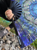 Cubular Sacred Geometry Giant Hand Fan – UV Reactive, Festival Accessory, Hand-Painted Design by Glenn Thompson, Lightweight & Durable