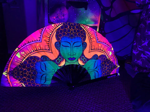 Awaken Buddha Inspired Black Light Reactive Hand Fan – Festival & Rave Accessory by Enlighten Clothing Co.