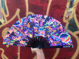 Rainbow Cats Fan - Large Hand Fan | Space Cat Art | Festival Accessory