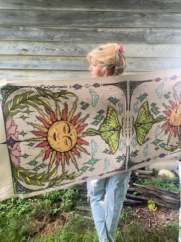 Pashmina / Sun And Luna Moth Pashmina / Original Art By Melanie Bodnar / Festival Pashmina / Enlighten Clothing Co