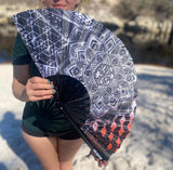 Mind Wanderer Black and Red Sacred Geometry Giant Hand Fan –  Festival Accessory, Hand-Drawn Design by Glenn Thompson, Lightweight & Durable