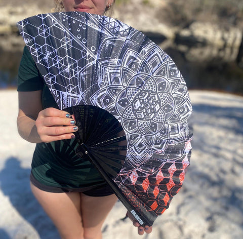 Mind Wanderer Black and Red Sacred Geometry Giant Hand Fan –  Festival Accessory, Hand-Drawn Design by Glenn Thompson, Lightweight & Durable