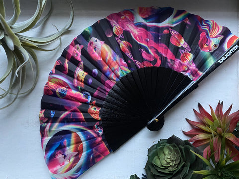 Alien Cat Hand Fan – Festival Fashion, Small Hand Fans, Unique Cat Art, Silent, Lightweight, Portable, Eco-Friendly Wholesale Fans Lot