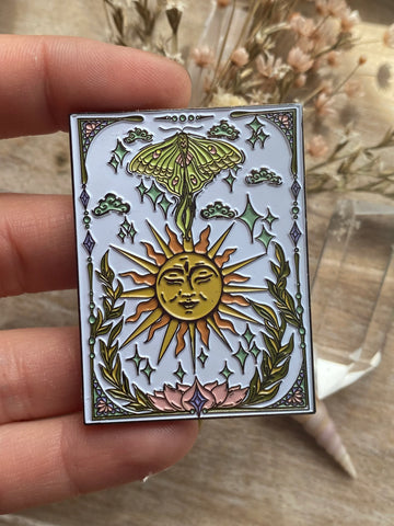 Luna Moth and Sun Pin – Wearable Art, Tarot-Inspired Design, Hat Pin, Lapel Pin, Luna Moth Art, Boho Accessories by Melanie Bodnar