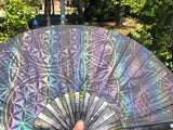 Large Dark Rainbow Reflective Sacred Geometry Hand Fan, Flash Reactive, Flower Of Life Rave Fan, Festival Fashion, Rave Accessories