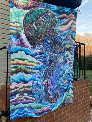 Jellyfish Tapestry – Fairy, Gnome, Mushroom, Rainbow Art, Original Artwork by Melanie Bodnar, 6ft x 4ft Tapestry, Festival Decor