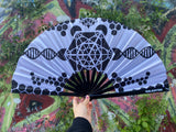 Black and White Metatron's Cube Hand Fan | Festival Accessories | Sacred Geometry | Enlighten Clothing Co.