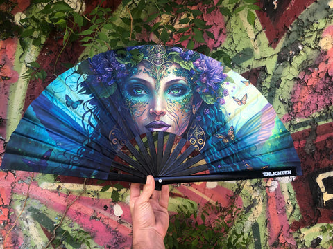 Fairy Goddess Festival Fan – Bamboo Hand Fan, UV Reactive, Lightweight, & Durable, Designed by Justin Chamberlain, Enlighten Clothing Co