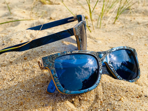 Blue Engraved Wooden Sunglasses - Crystal Ratio – Limited Edition by Enlighten Clothing Co.