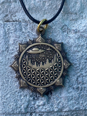 Ancient Aliens Pendant Original Sacred Geometry Jewelry by Enlighten / Hand Drawn By Melanie Bodnar / Alien Art / Flower Of Life