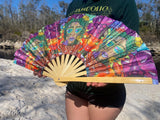 Caught A Vibe Bamboo Folding Hand Fan –  Design / Painting by Melanie Bodnar, UV Reactive Black Light Festival Accessory