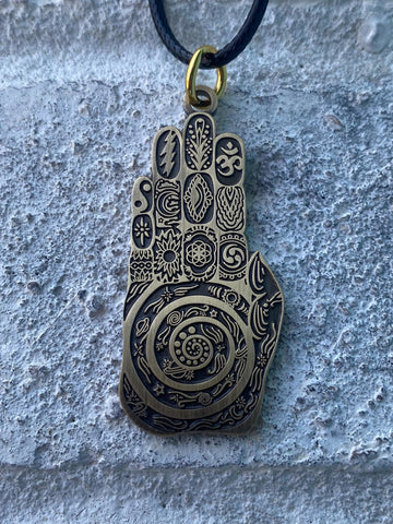 Palm Reader Pendant, Bares The Yin Yang, Om, Trinity, Sun, Moon, And Stars All Centered Around A Swirling Galaxy Palm