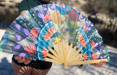 Mushroom Goddess 2  Bamboo Folding Hand Fan –  Design / Painting by Melanie Bodnar, Festival Accessory