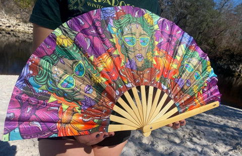 Caught A Vibe Bamboo Folding Hand Fan –  Design / Painting by Melanie Bodnar, UV Reactive Black Light Festival Accessory