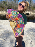 Caught A Vibe Bamboo Folding Hand Fan –  Design / Painting by Melanie Bodnar, UV Reactive Black Light Festival Accessory